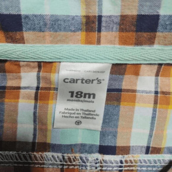 Carters Romper Boys Blue Orange Plaid Button Front Short Sleeve Collared 18m - Picture 3 of 4